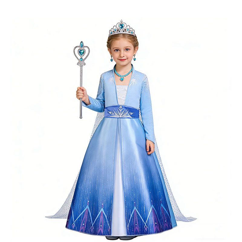 Conjunto de vestido de fantasia de gelo de gola alta para meninas com coroa, varinha e joias para festa de aniversário