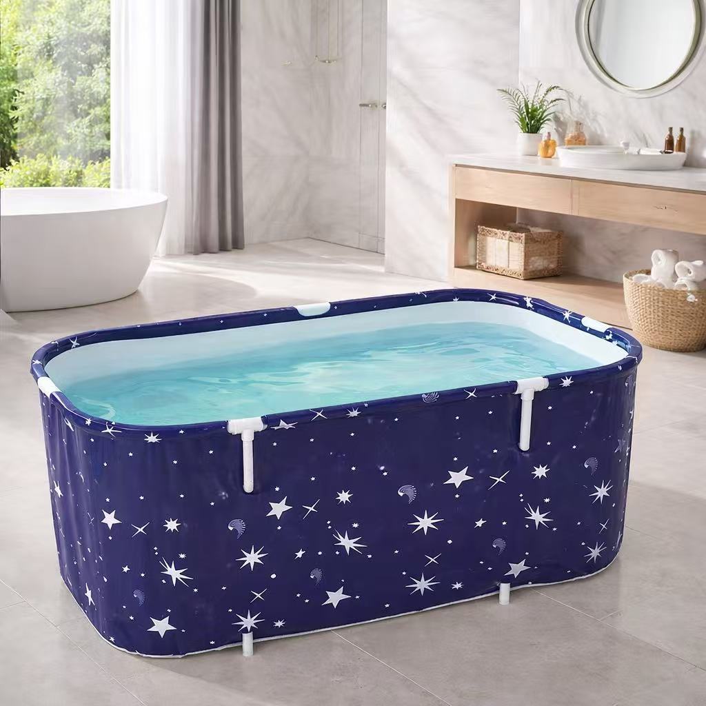  Banheira de Hidromassagem Portátil Dobrável Retangular em PVC 100x60x50 cm, com Encosto & Padrão de Estrelas para