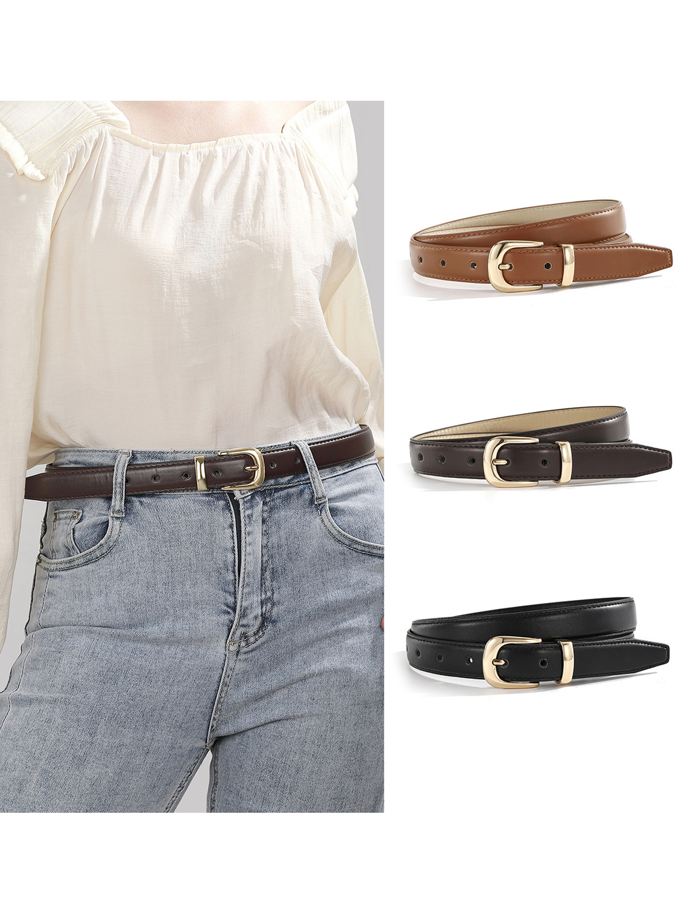  Cinto feminino de moda casual com fivela de pino, ideal para decorar calças, vestidos, camisas e saias curtas,
