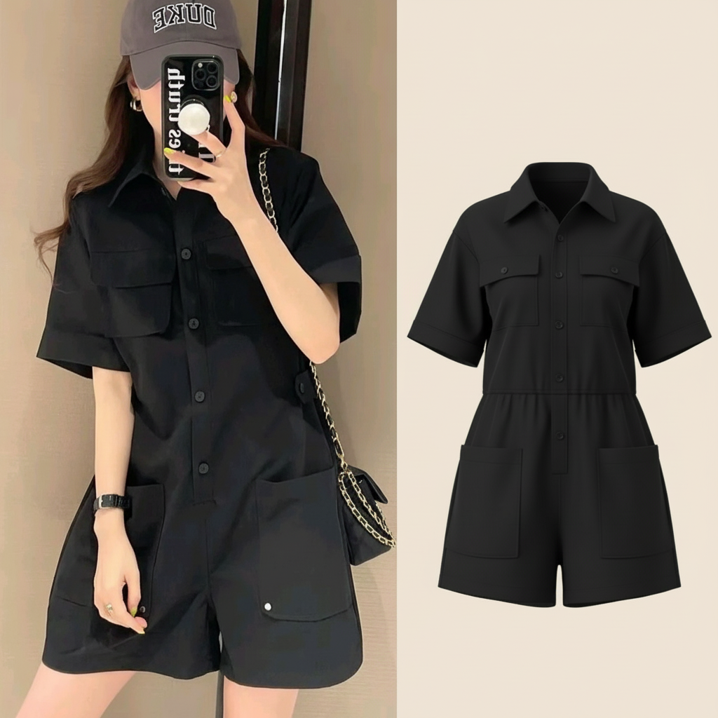 Macacão Utilitário Preto Feminino Manga Curta Bolso De Carga Streetwear Casual Uma Peça Conjunto Curto Verão 2026