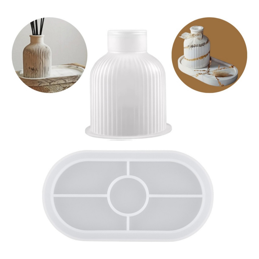 Molde de silicone multifuncional para resina epóxi, gesso, cimento, bandeja oval listrada, castiçal de lótus, vaso,