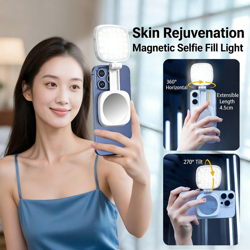 Luz de preenchimento magnética para selfie com espelho de maquiagem embutido, luz LED portátil para telefone para vlog,