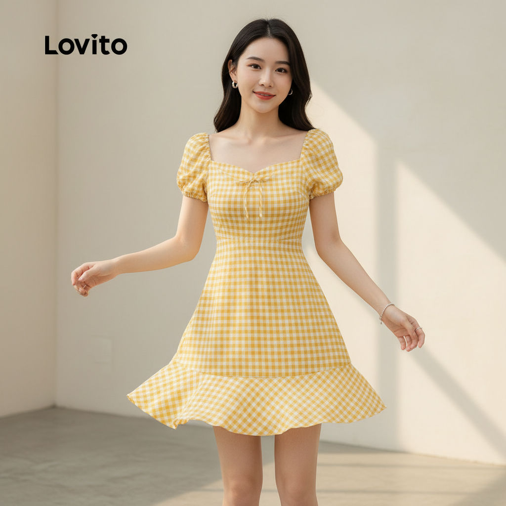 Lovito Vestido Feminino Casual com Babados na Barra para Primavera/Verão Amarelo L164LD100 em Oferta na Shopee