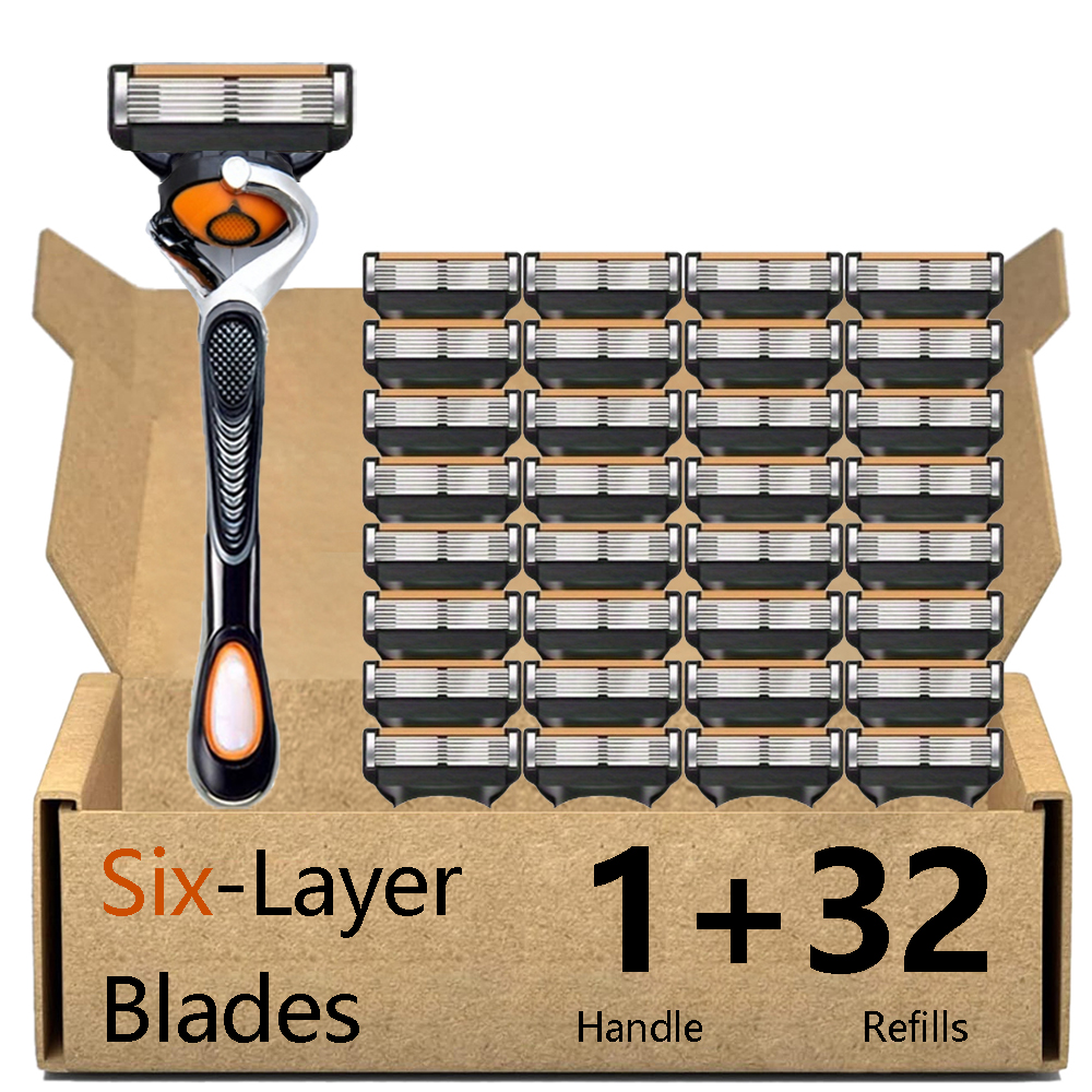 Barbeador Manual Masculino Com Cabeça De Reposição-1 Alça E 32 Lâminas , Fusão De 6 Camadas 5 Compatível Protetor De Pel