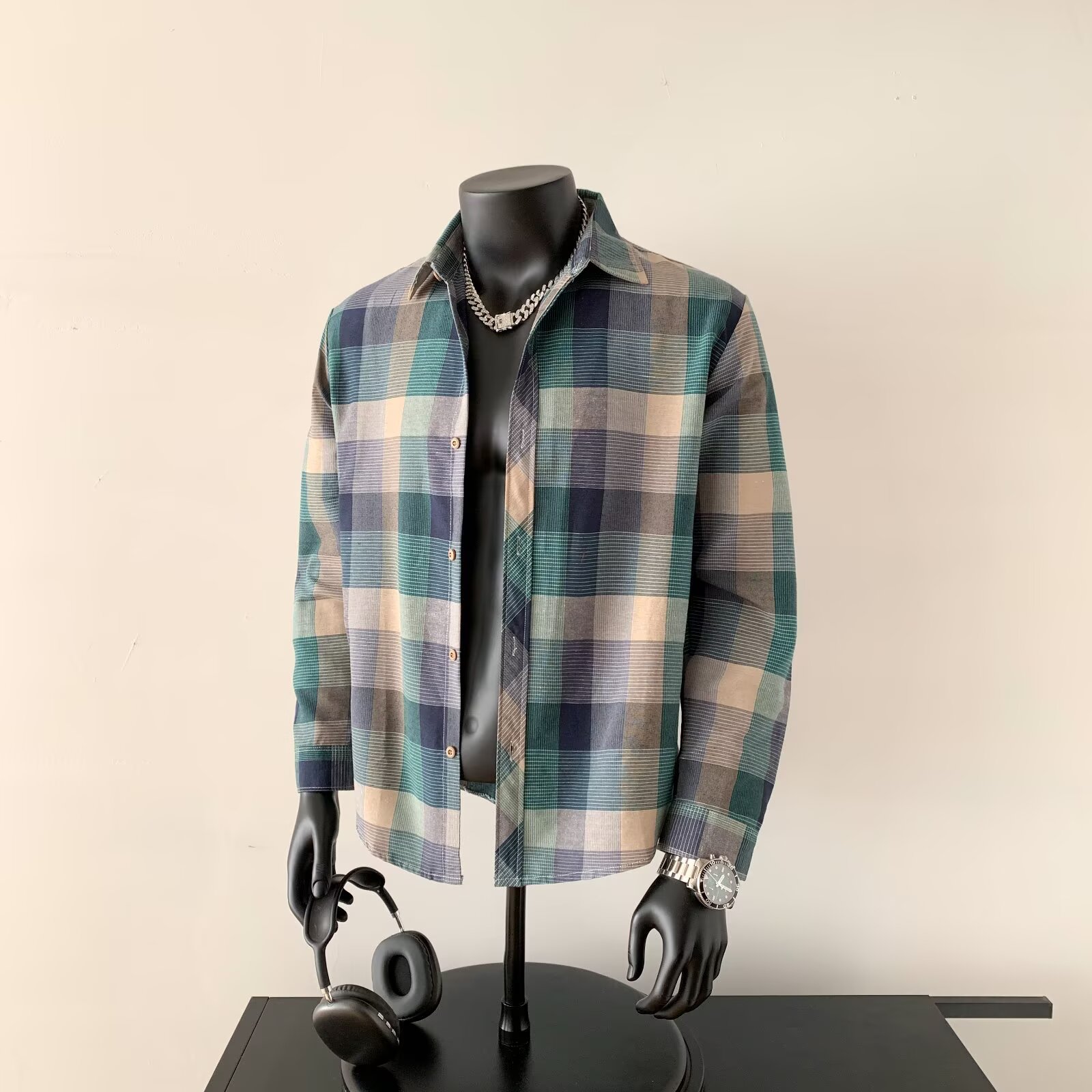  Camisa xadrez masculina de manga comprida estilo coreano de Hong Kong, tendência de outono, jaqueta casual para casais