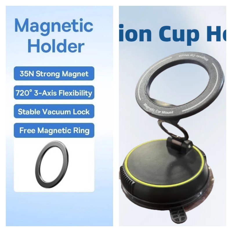 Suporte Magnético Universal Ajustável para Carro com Ventosa, Dobrável e Rotação 360°