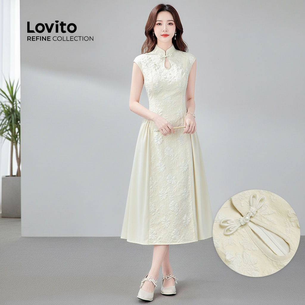 Lovito Refine Vestido Feminino Cheongsam Chinês Qipao Botões Vazados Damasco Primavera Verão LR23A018