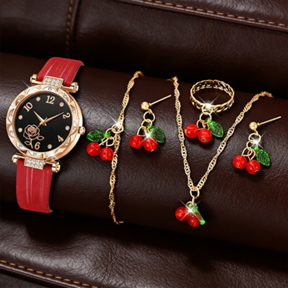 Lucky Red 6 Peças Conjunto De Relógio De Quartzo Feminino Pulseira De Couro Minimalista Vintage Luxo Elegante Joia Prese