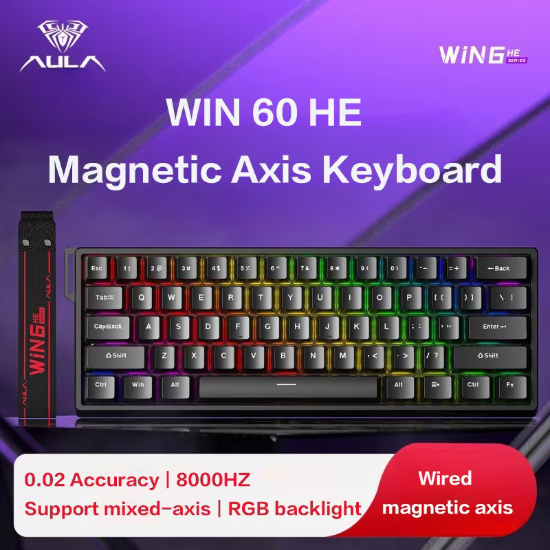 Teclado Mecânico Aula Win60He com Interruptor Magnético com Fio, Retroiluminação RGB, Personalizável para Jogos e