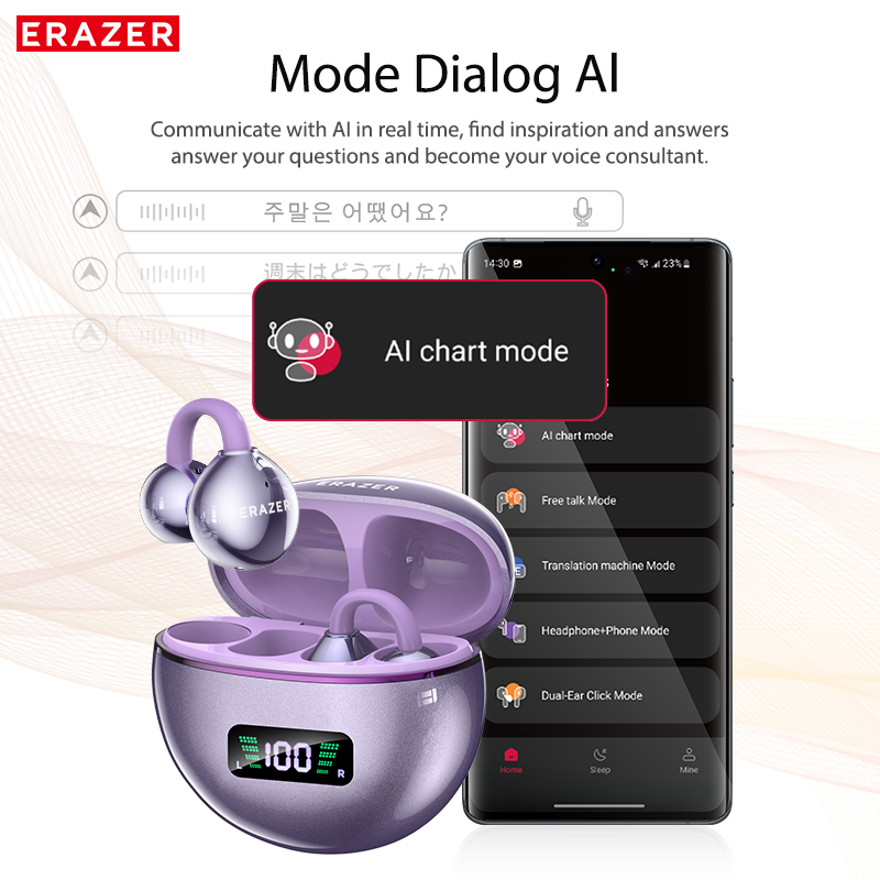 ERAZER XF55 Fones de ouvido AI Tradução em tempo real ANC TWS Fones de ouvido sem fio com clipe de orelha HiFi estéreo