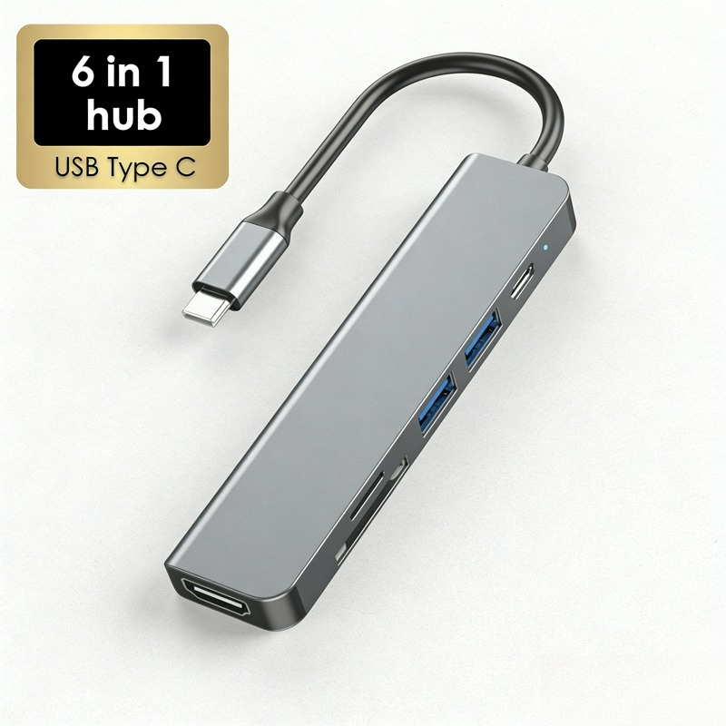  Hub USB C de 6 portas com HDMI, carregamento PD, leitor de cartões USB, SD e TF para MacBook e PC