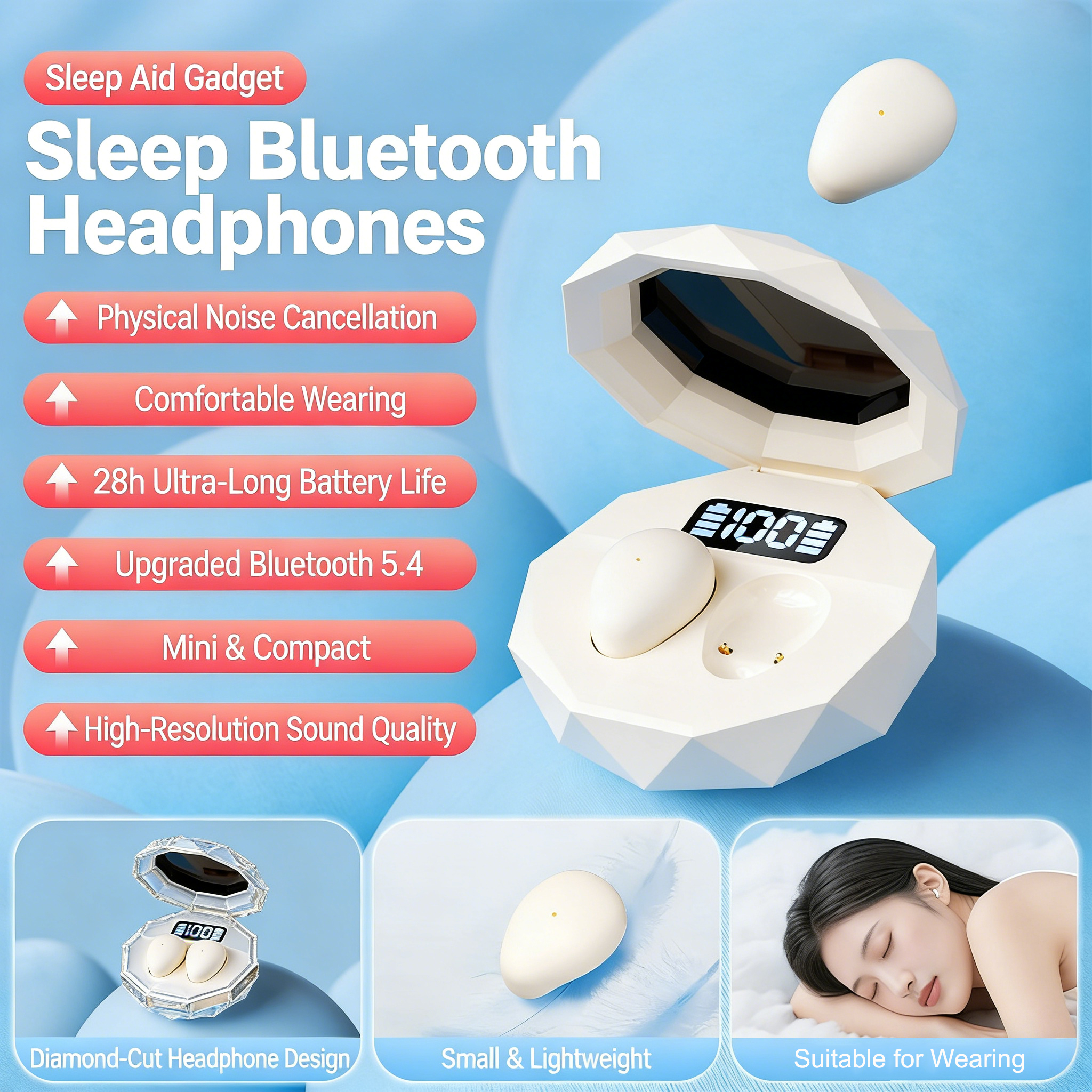 Fones de ouvido mini TWS sem fio, fones de ouvido Bluetooth para dormir, fones de ouvido invisíveis com redução de
