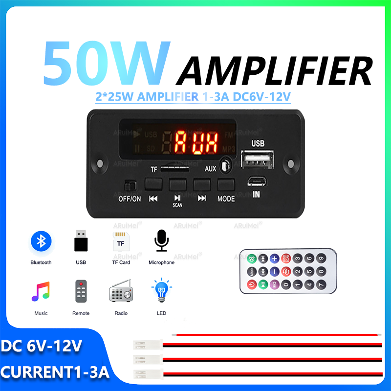 Placa Amplificadora Bluetooth Classe D 2x25W DC 6V-12V Controle Remoto Case Preto para Áudio Doméstico