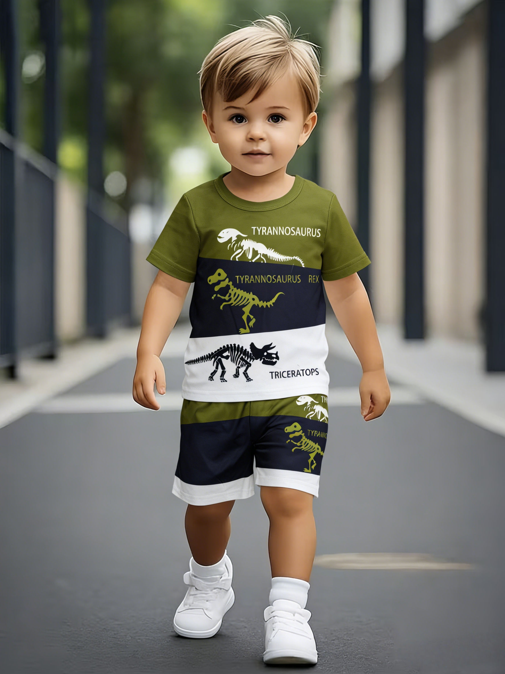 Conjunto infantil menino estampa dinossauro esqueleto verde e branco estilo moderno/roupa de verão para crianças/short
