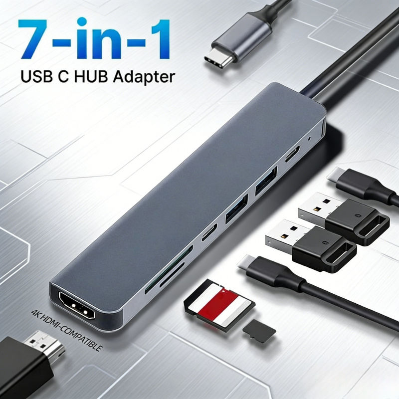 4K HDMI 7 em 1 Hub USB-C para MacBook e laptops de escritório, com leitor de cartão SD/TF e adaptador de carregamento