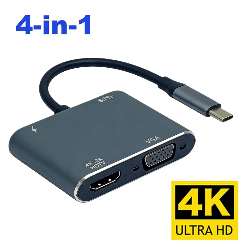 Hub Tipo C 4 Em 1 4K HD HDMI VGA Porta USB Adaptador De Carregamento Digital AV PD Para Conversor De Laptop MacBook