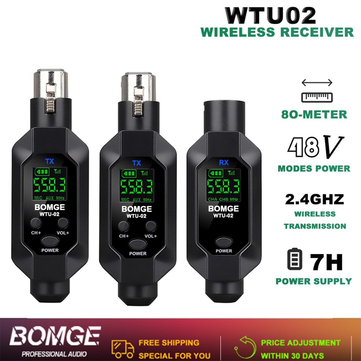 BOMGE Transmissor e Receptor sem Fio XLR UHF para Microfone Dinâmico e Guitarra, Sistema Profissional, Alcance de 30m