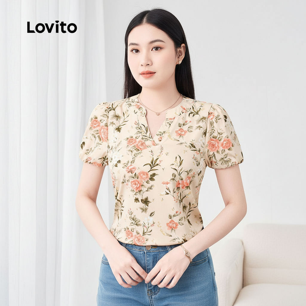 Lovito Blusa Feminina Estilo Férias Nacional Primavera Verão L158AD128