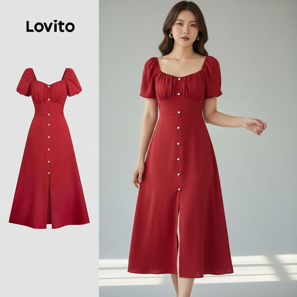 Lovito Refine Vestido Vermelho Casual Com Zíper Para Festas Fim de Ano Primavera/Verão LBL30204