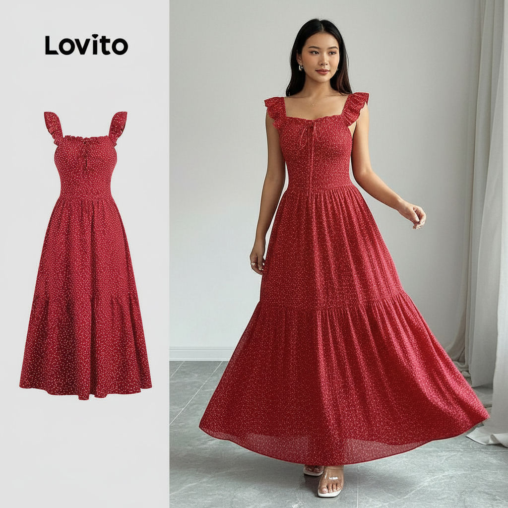Lovito Vestido Casual Vermelho com Amarração para Festa de Natal Primavera/Verão Vinho Feminino L167LD036