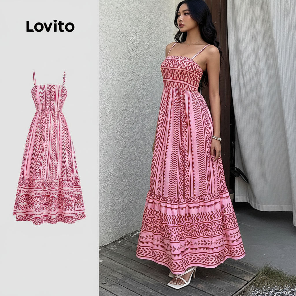 Lovito Vestido Casual Estilo Boho com Babados Verão Feminino LBL30095 em Oferta na Shopee