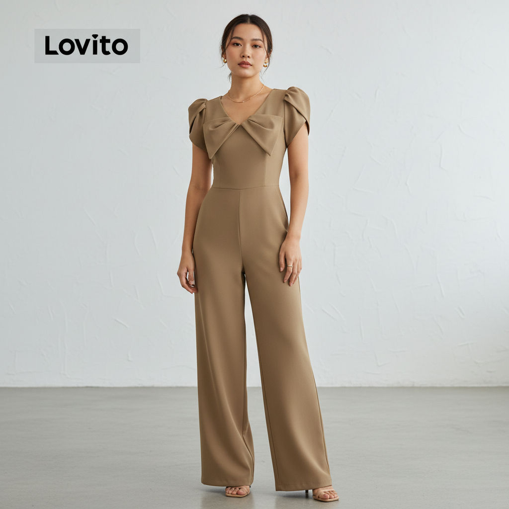Lovito Macacão Sofisticado com Laço Verão/Primavera Khaki Feminino L171ED357 em Oferta na Shopee