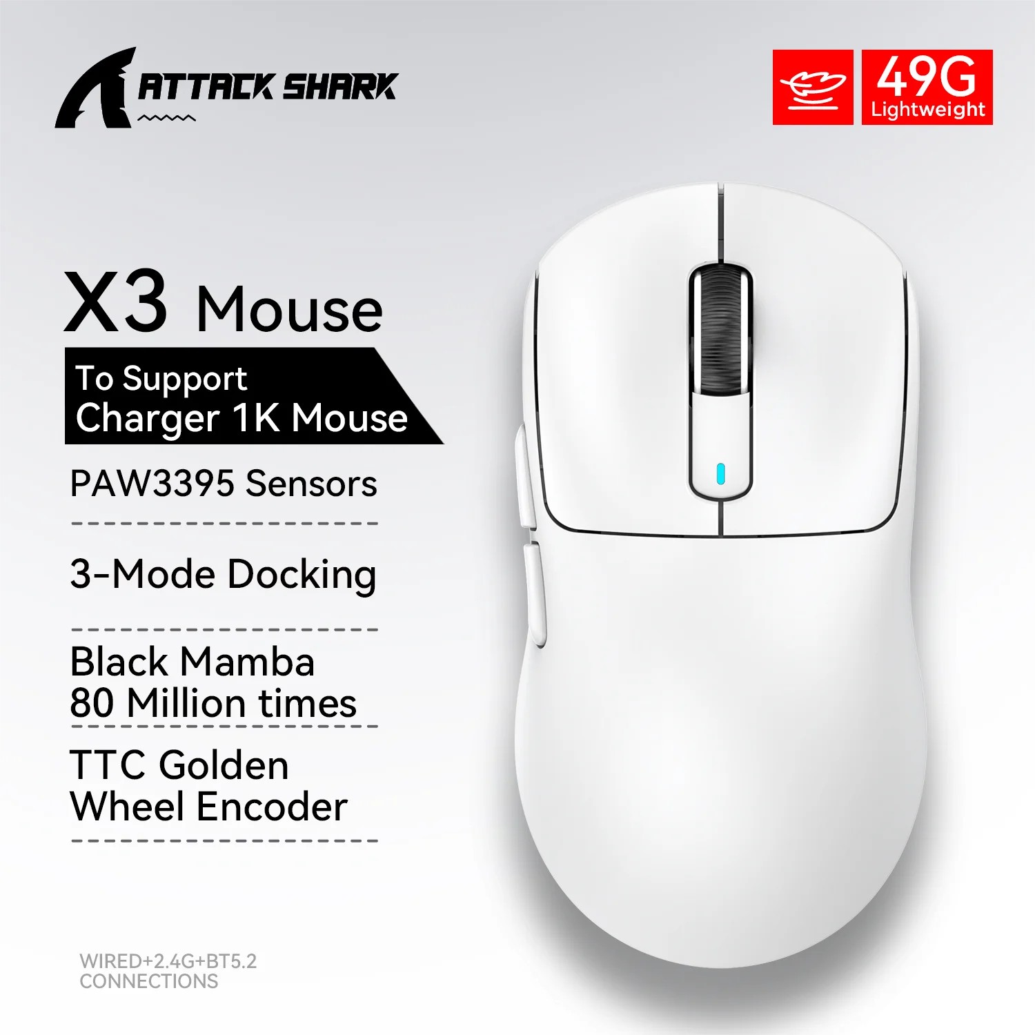  Mouse Gamer Sem Fio Attack Shark X3 Sensor PAW3395 26K DPI Tri-Modo Taxa de Polling Ultra-Leve Botões Programáveis