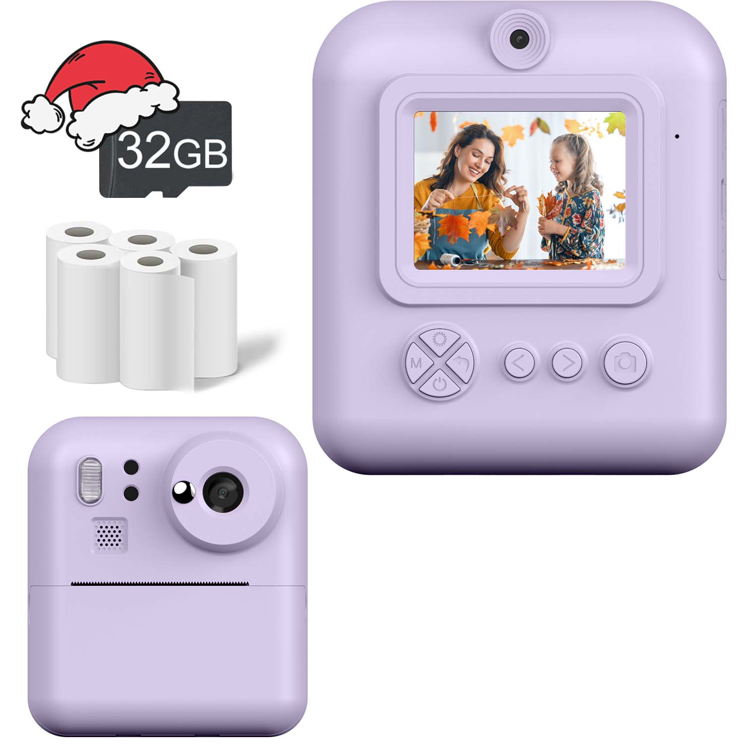 Câmera Instantânea para Crianças, Fofa Câmera Lilás para Crianças com Cartão de Memória 32GB e Rolos de Papel de