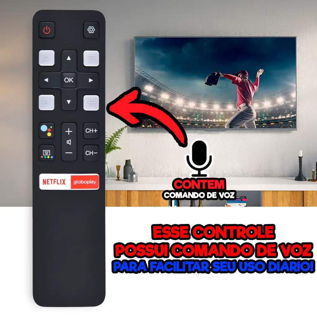 Controle Remoto (RC802V FNR1) de Substituição para Todos os Smart TVs TCL Android 4K UHD Sem Comando de Voz