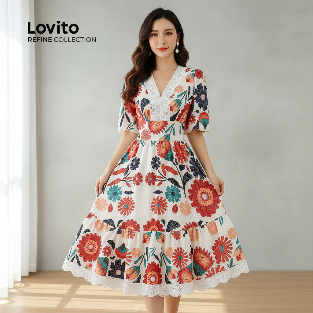 Lovito Refine Vestido Feminino Elegante de Renda Amarela com Camadas para Primavera/Verão LR29L057