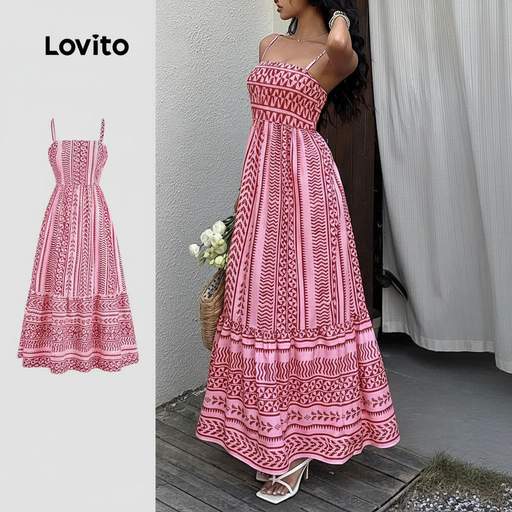 Lovito Vestido Casual Estilo Boho com Babados Verão Feminino LBL30095 em Oferta na Shopee