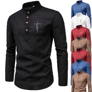 2023 Camisa de manga comprida de algodão e linho para homens de cor sólida camisa de gola elegante slim masculino