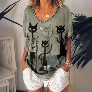 Camisa De Pescoço Redondo Harajuku Anime Gato Gráfica Feminina Roupas De Verão Tês De Manga Curta Em V
