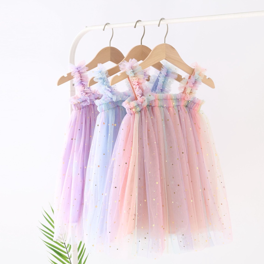 Vestido De Verão Para Meninas Com Estrelas Cintilantes Tule Sem Mangas 1-5 Anos