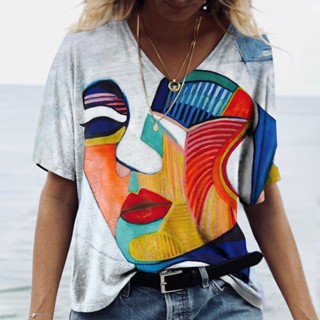 Camisa De Moda De Verão Feminina Manga Cat 3D Impressão casual Curta Top V Pescoço Harajuku Vestuário Tês De Tamanho Superior