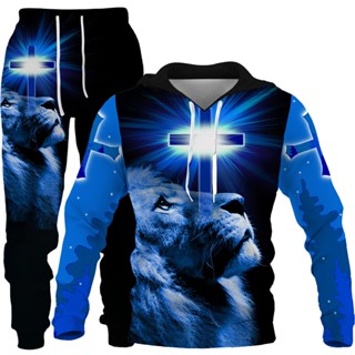 Conjunto de duas peças Bíblia cristã fé Jesus Deus moletom com capuz masculino legal 3D leão estampado streetwear roupas de casal agasalho de corrida