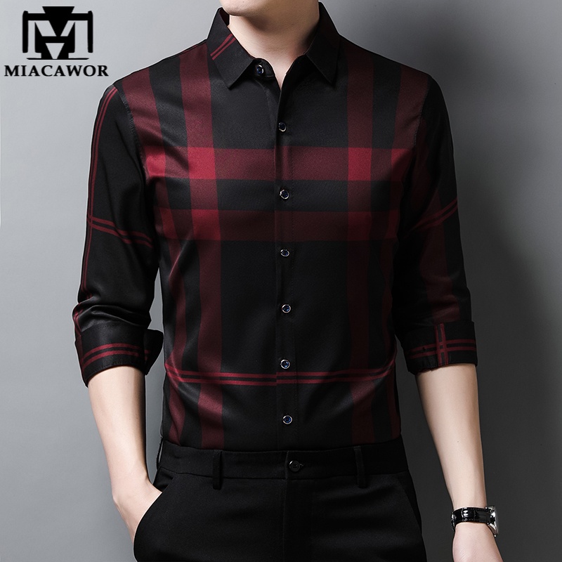 Novo estilo de alta qualidade masculino camisa justa camisa de seda primavera manga longa casual xadrez camisa
