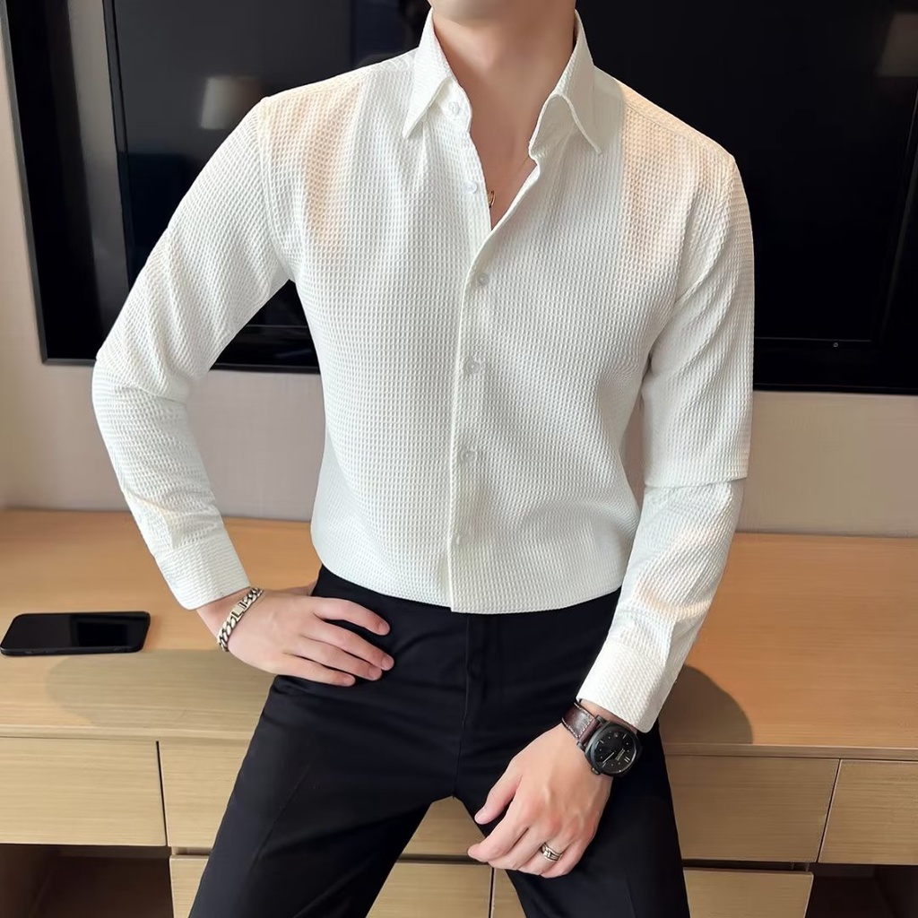 Waffle Camisa de manga comprida Camisa Coreana Slim-Fit Camisa Masculina Preta Não-Iron High-End Business Top X0456