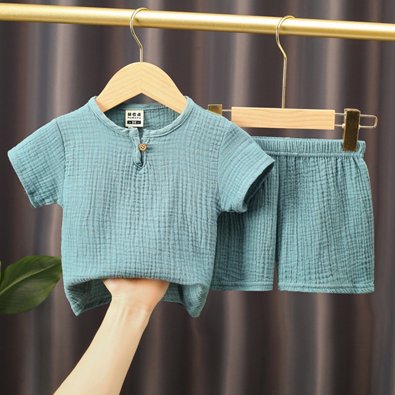Conjuntos De Roupas De Linho De Algodão Casual Para Meninos E Meninas 0-5Y-Camisetas Sólidas Calções Elásticos Crianças No Verão