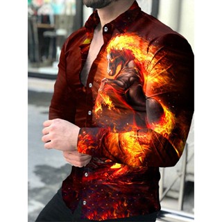 Camisa masculina de luxo social de luxo, camisa abotoada com gola, casual, estampa de leão, manga comprida, roupas masculinas, cardigã de baile