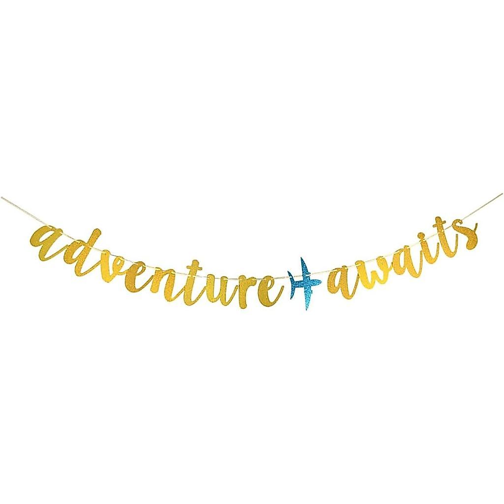 A Aventura Espera Com Faixa Azul de Avião, Placa de Papel Dourada Para Festa Temática de Viagem, Mudança / Formatura / V