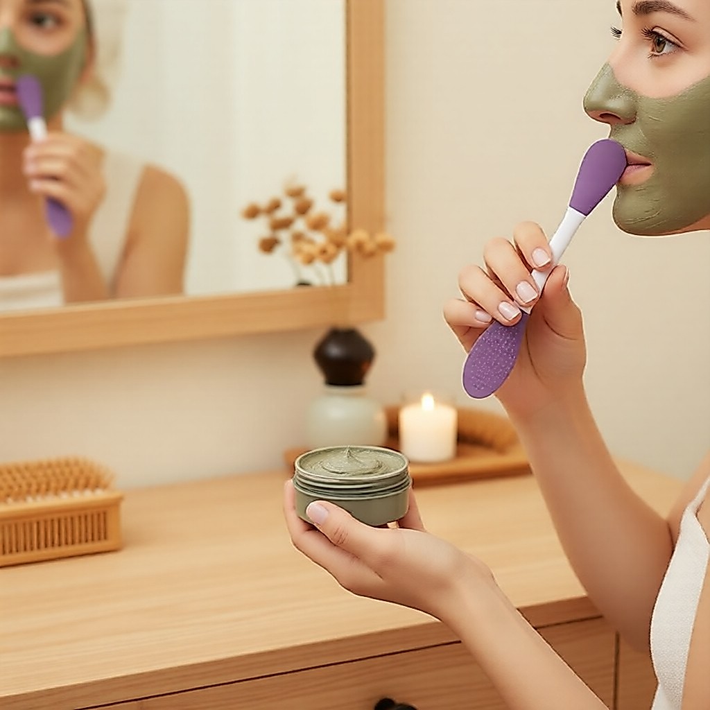 Ferramenta Dupla para Máscara Facial – Pincel de Silicone + Espátula para Máscaras de Argila – Limpeza Suave & Enxágue
