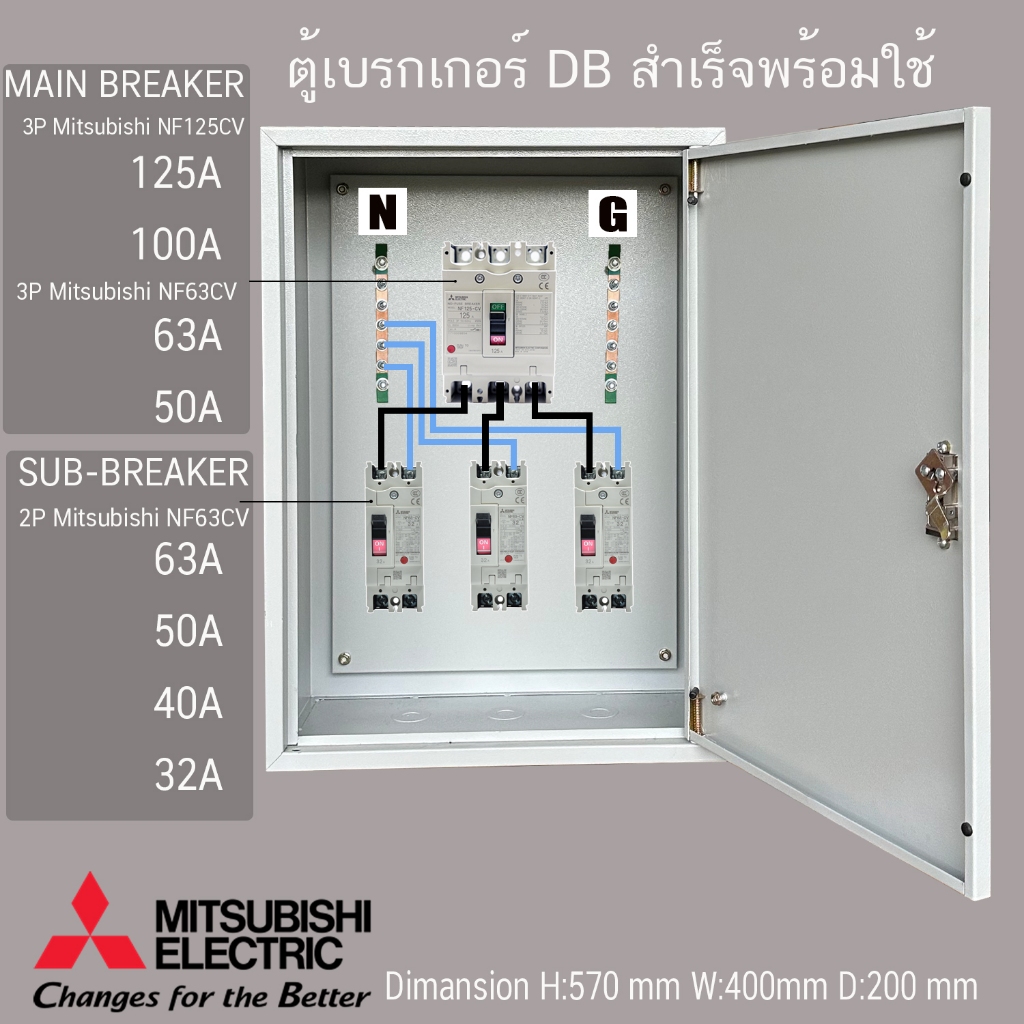 ตู้แยกเบรคเกอร์ MITSUBISHI ทนทาน ปลอดภัย 3P 125A พร้อมลูกย่อย 2P 63A ชุดใหญ่