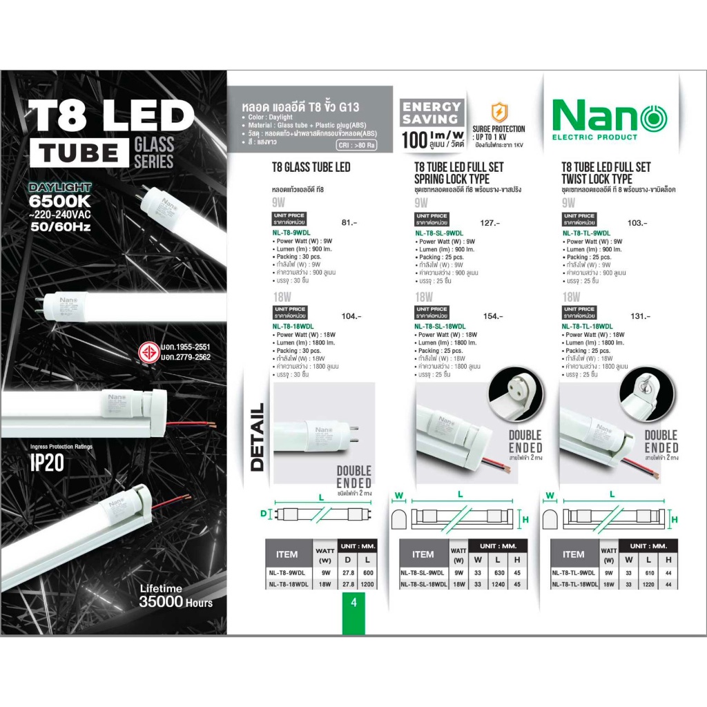 รูปสินค้า NANO LED T8 9W/18W หลอดไฟ LED สีขาว พร้อมราง