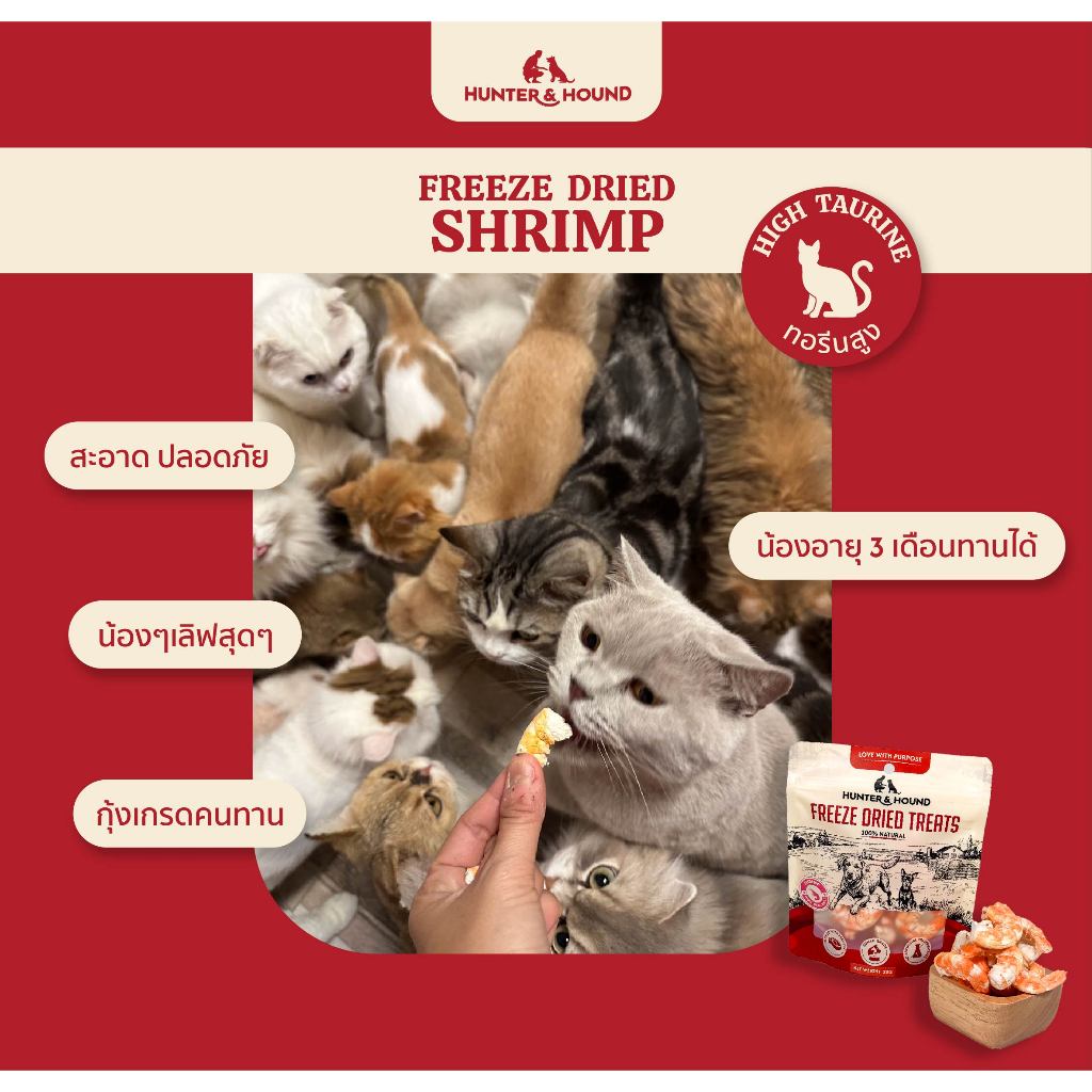 Hunter&Hound ขนมน้องแมว น้องหมา กุ้งฟรีซดราย เต็มตัว ทอรีนสูง ไม่เค็ม Freeze Dried Shrimp 20g - ภาพที่ 4