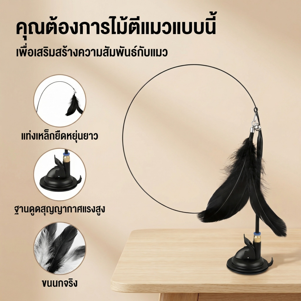 PETLUSCI® ไม้ล้อเล่นแมว 80ซม ของเล่นแมวแบบโต้ตอบ ของเล่นแมวมีขนนกและกระดิ่ง ไม้ตกแมว ไม่หักง่าย - ภาพที่ 4