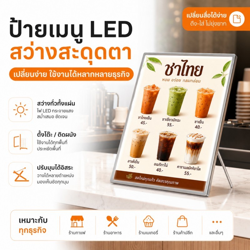 รูปสินค้า กรอบไฟ LED ปรับมุมได้ สำหรับเมนูอาหาร ร้านอาหาร คาเฟ่