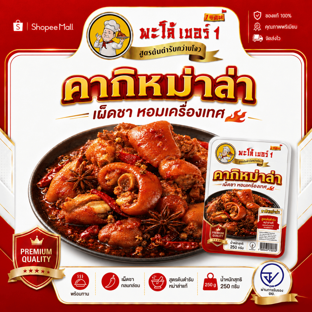 รูปสินค้า หม่าล่าขาหมูพร้อมทาน เผ็ดชา หอมเครื่องเทศ 0% วัตถุกันเสีย