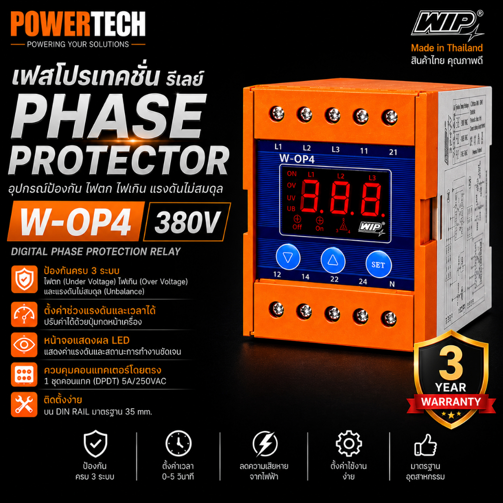 WIP W-OP4 OP2 Phase Protector ป้องกันมอเตอร์ไหม้ ไฟตก ไฟเกิน รับประกัน 3 ปี