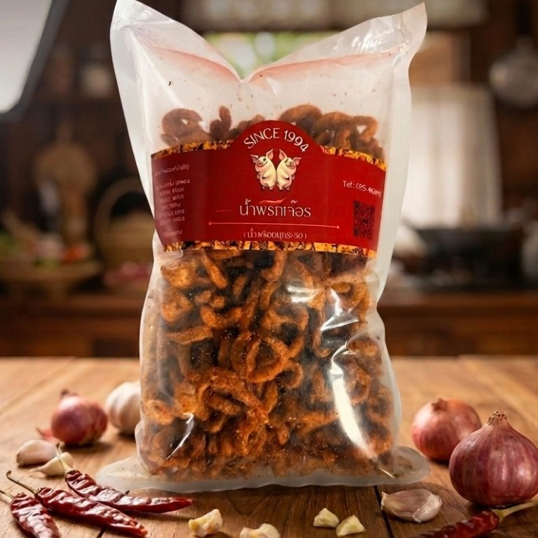น้ำพริกหมูกรอบเจ๊อร สูตรต้นตำรับแพร่ หมูกรอบแน่น โฮมเมด ทอดใหม่ทุกวัน (500 กรัม)